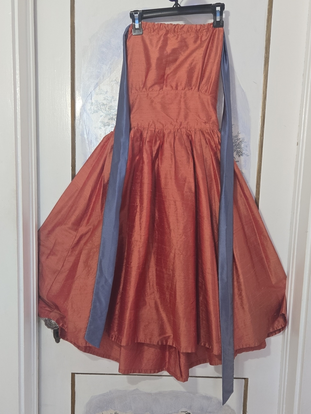 Silk Copper Orange Midi Party Dress with Blue Gray Sash